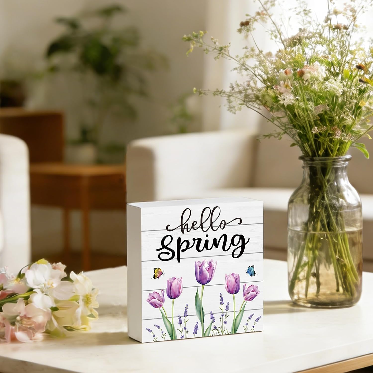Spring Table Decor Spring Decorations Indoor Tulips Purple Home Room Office Bathroom Wood Box Sign Rustic Wooden Shelf Desk Decor Season Sign House Warming Gifts 5.9 x 5.9 Inch