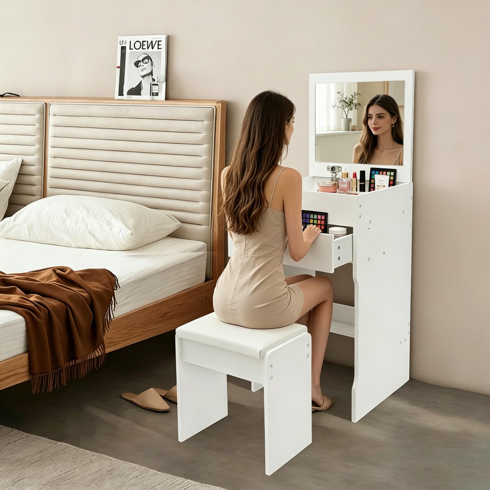Tocador de pie con espejo plegable y silla, 1 cajón, 1 compartimento de almacenamiento plegable con separadores, mesa de maquillaje de MDF, capacidad de carga de 90 kg, ahorra espacio para dormitorio