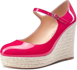 Aachcol Women Wedge Platform Pumps Round Toe Mary Jane Ankle Strap Chunky Block High Heel Dress Shoes Patent 4 Inch