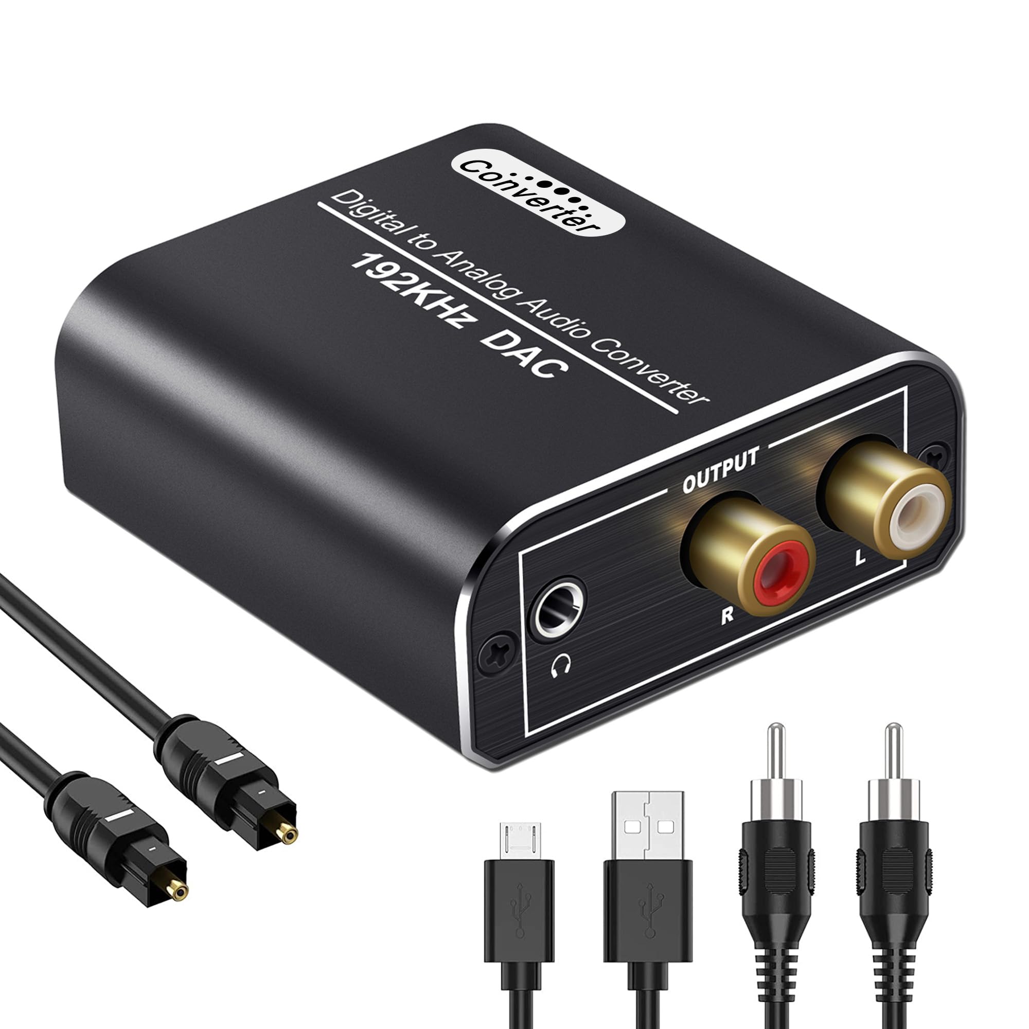 Digital to Analog Audio Converter, 192kHz DAC Digital Coaxial and Optical Toslink to Analog 3.5mm Jack Adapter and RCA (L/R) Stereo Audio Adapter with