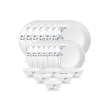 La Opala Novo Collection Opal Glass Crockery | for Family of 6 | Dinner Set 18 pcs Aqua Spray | Plates & Bowls for Dining | Microwave Safe | 100% Vegetarian | Extra Strong | Light & White