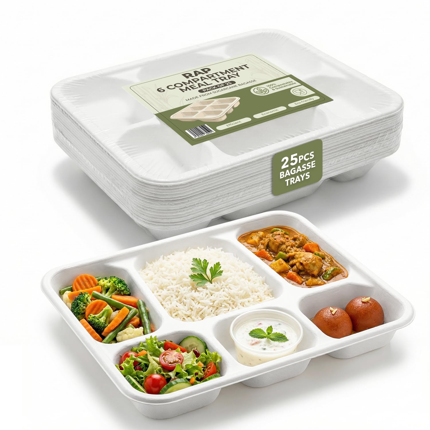 Bagasse 6 Compartment Meal Trays 25 Pack Compostable Microwave Safe
