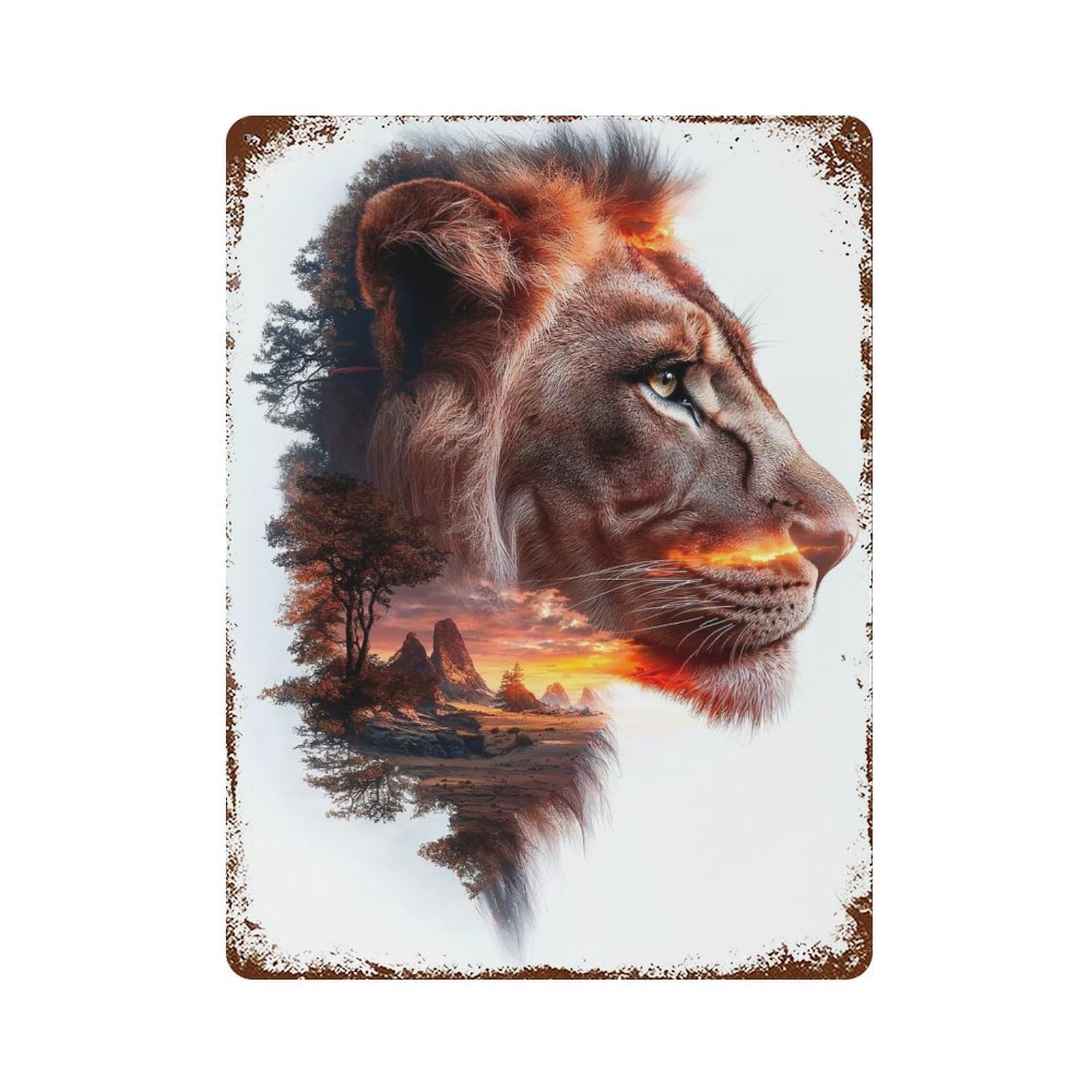 Lion Sunset Double Exposure Vintage Rust Metal Sign 15.7"x11.8", for Basement, Hobby Room And Garage Decor, Farmhouse Wall Decor