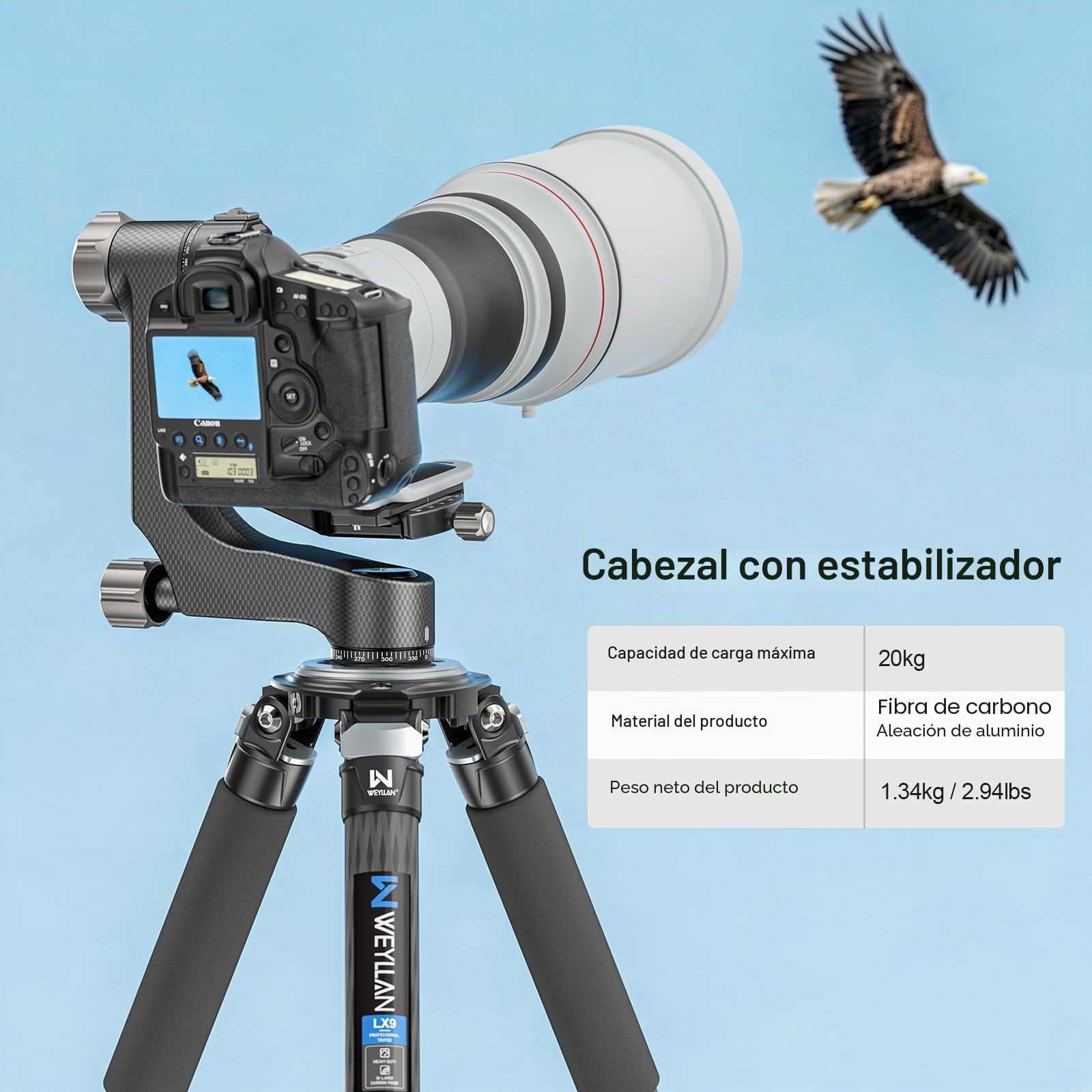 WEYLLAN Cabezal de Trípode de Cardán, Gimbal Head de 360°, Cabezal Trípode Profesional de Fibra Carbono, con Placa de Liberación Rápida Arca-Swiss de 1/4'' y 3/8'', Carga Máxima 20kg para Cámara DSLR