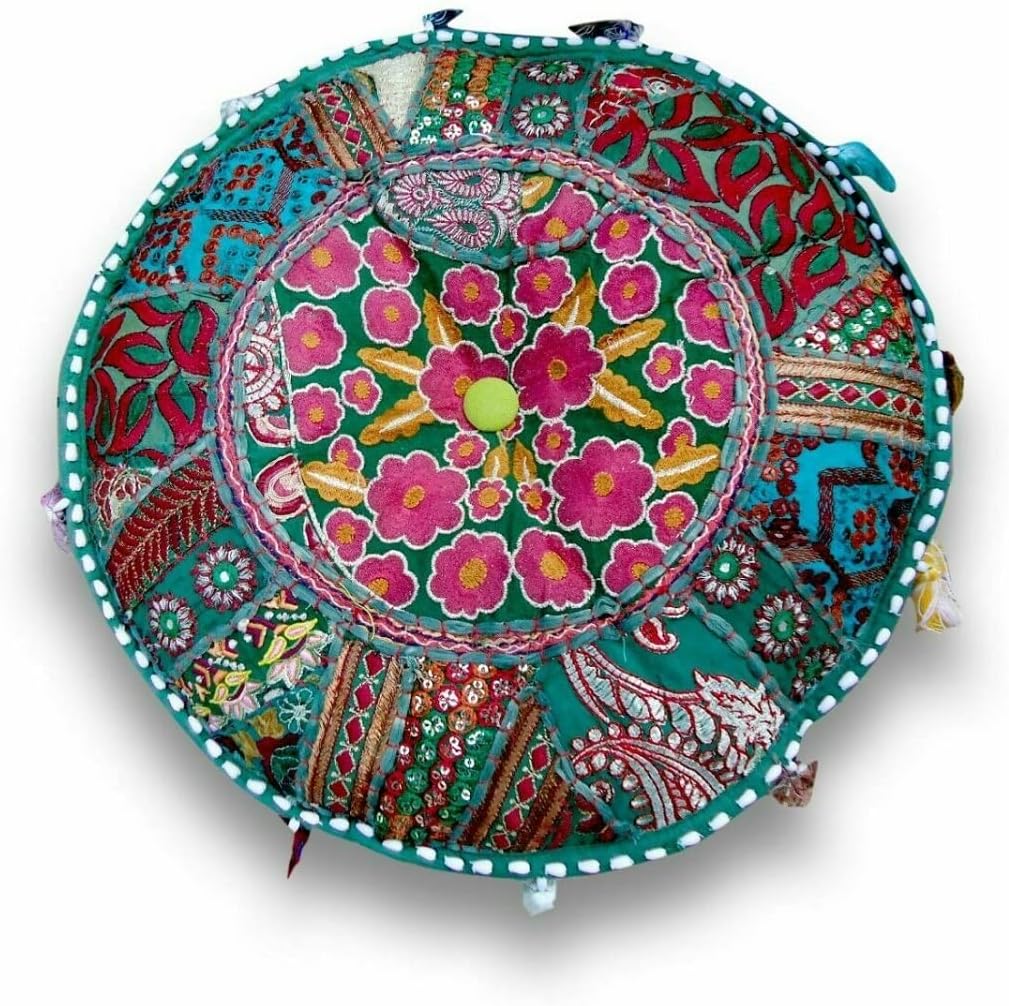 Indian Handmade Round Patchwork Ottoman Pouffe Stool Chair Pouffe Home Decor Cover (18" x 18" x 14" Inch)