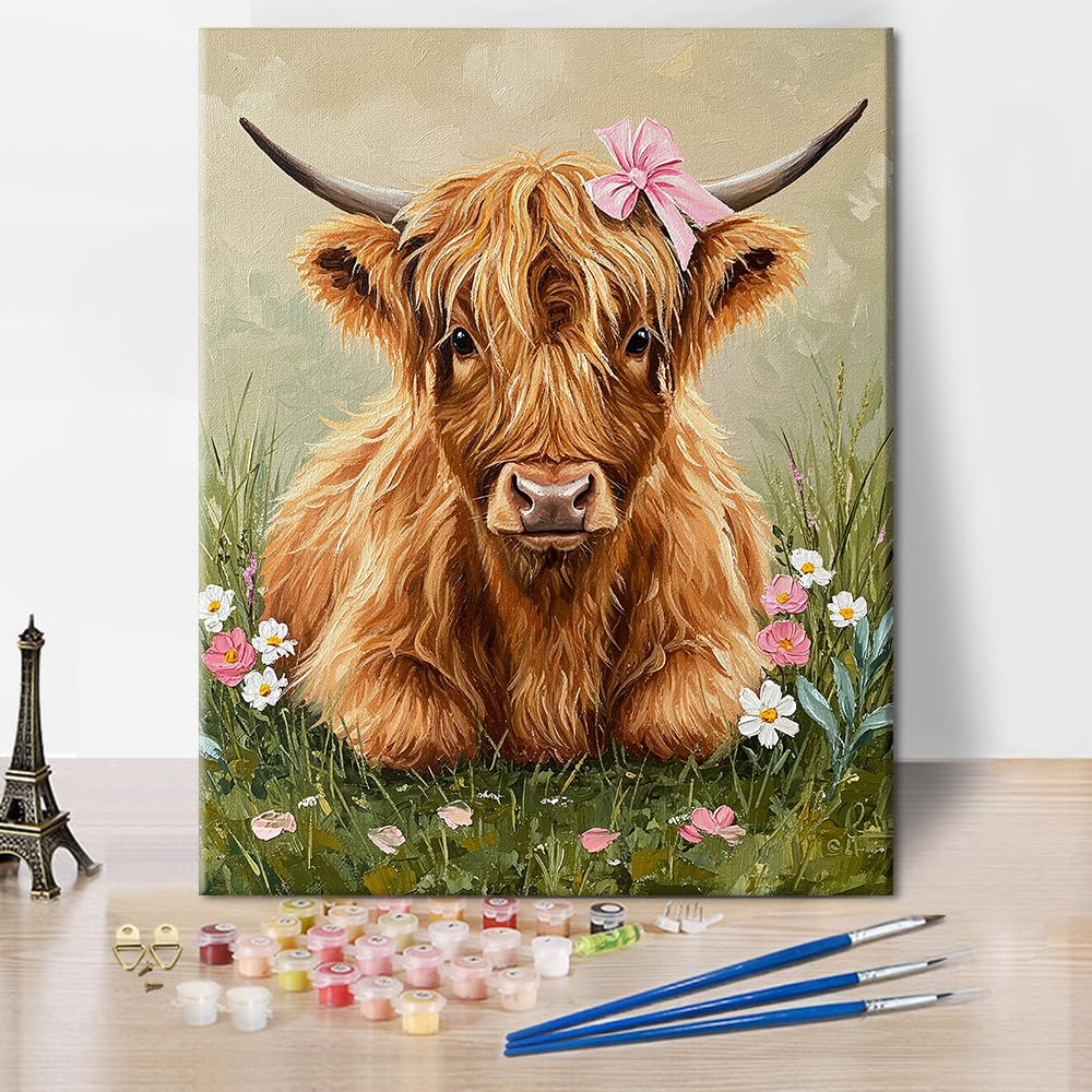 TISHIRON Paint by Numbers Kit for Adults, Highland Cow with a Pink Bow is Sitting Among Flowers and Sage Paint by Number with Brushes and Pigment, DIY Art Crafts, 16x20 Inch