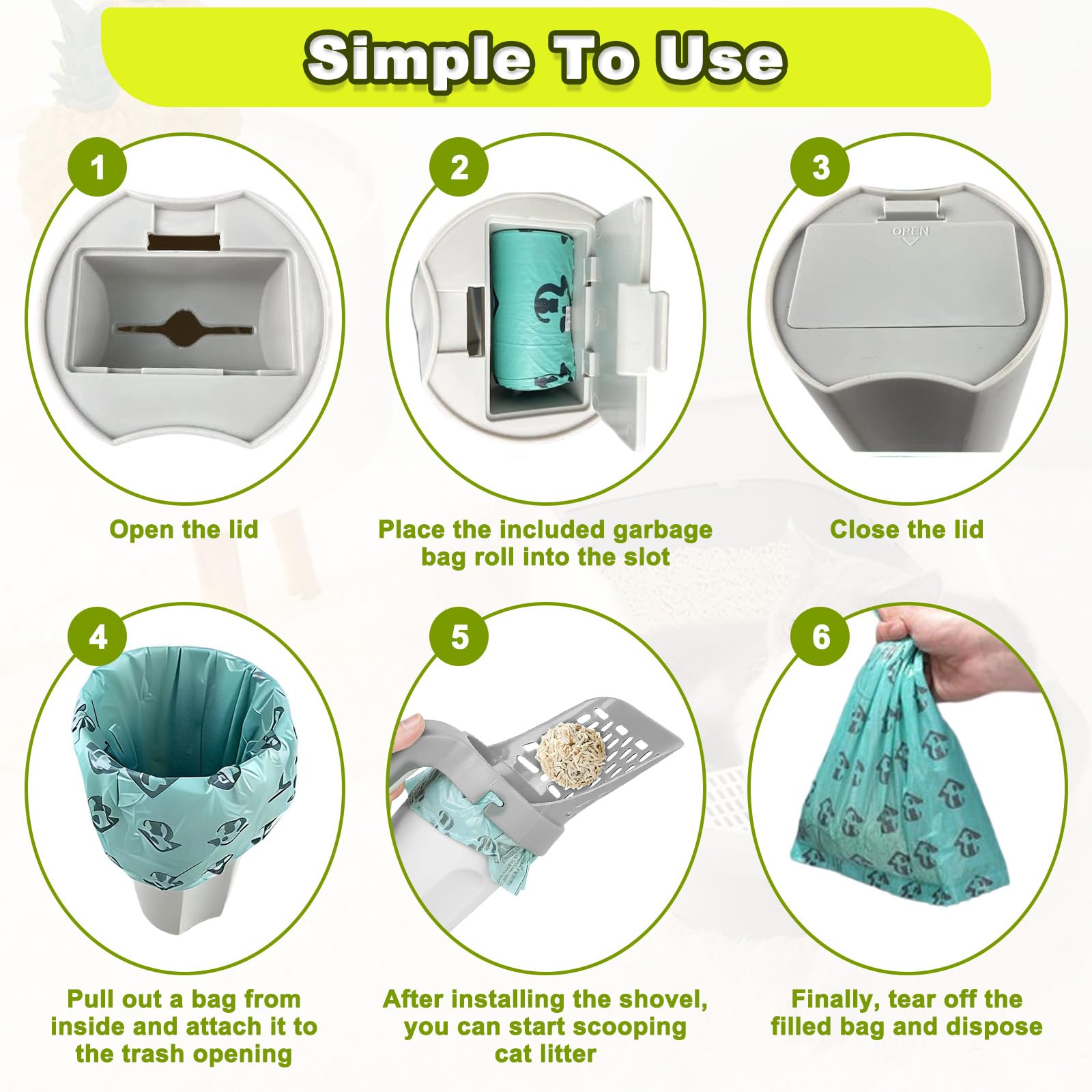 Pelle Litière Chat avec Support & Sacs Poubelles, Pelle Crottes Portable pour Animaux, Ramasse Déchets Gande Capacité, Accessoire pour Chat, Pelle Litiere Intégrée Multifonctionnelle