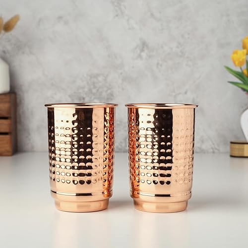 Vista 5 de Juego de 2 vasos de cobre puro martillado, sin revestimiento, sin revestimiento y sin laca, 11.8 fl oz (11.8 onzas líquidas) vasos de cobre
