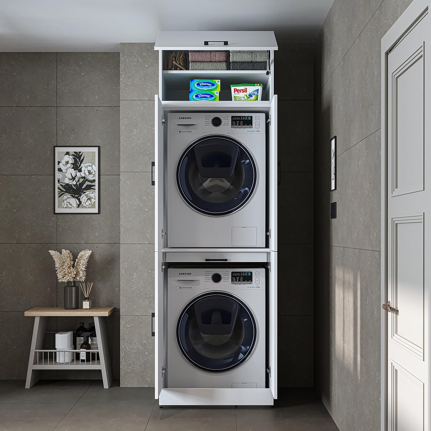 ROOMART Mobile per lavatrice Dora per asciugatrice e lavatrice, in 4 colori, con ante e ripiano estraibile (-bianco, altezza 230 cm)