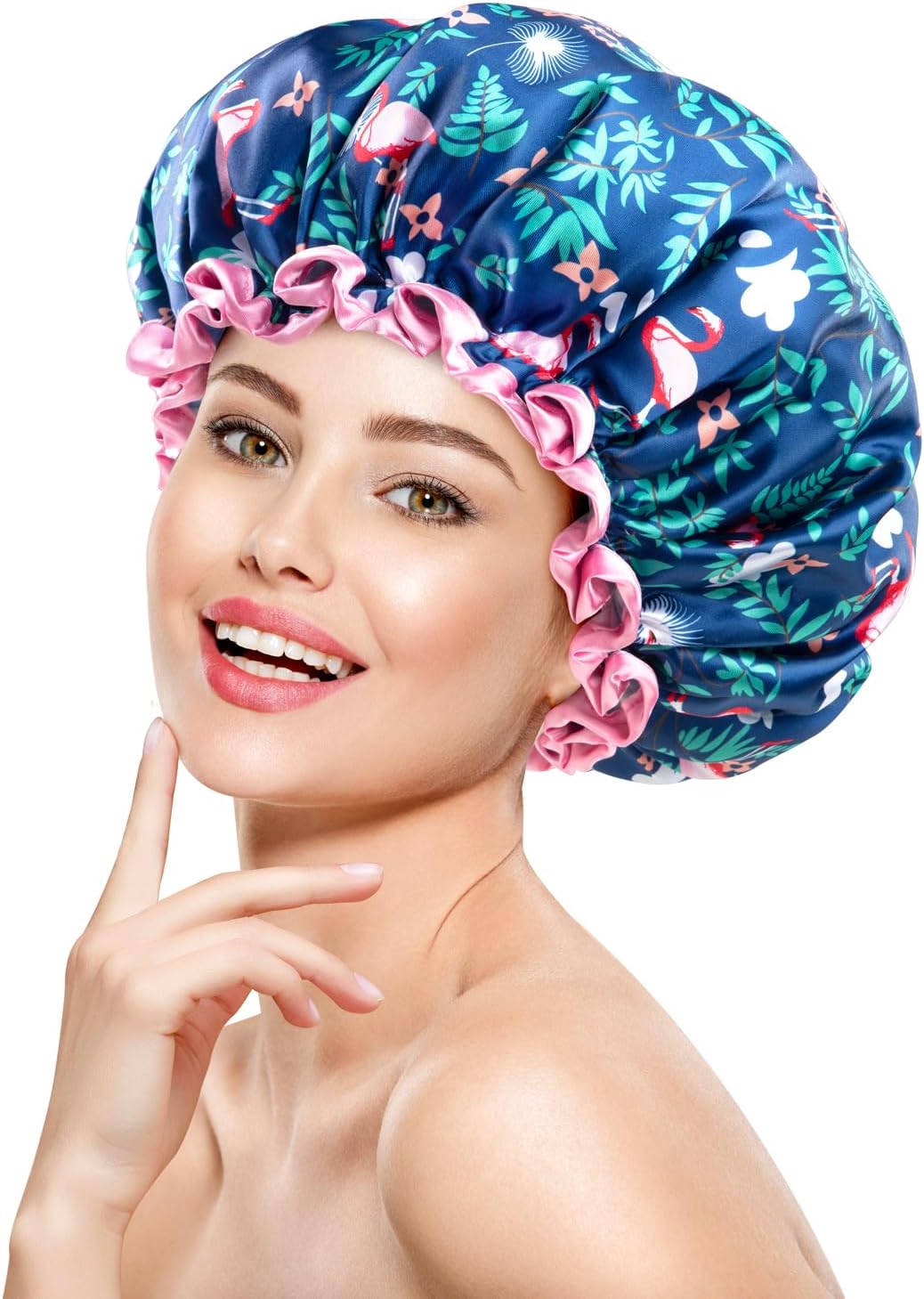 mikimini Large Shower Cap for Women and Girls,Reusable Waterproof Double Layer, Perfect for Long Curly and Braided Hair, Charming Flamingo Print Bath Cap - A Must-Have for Tropical Theme Lovers!