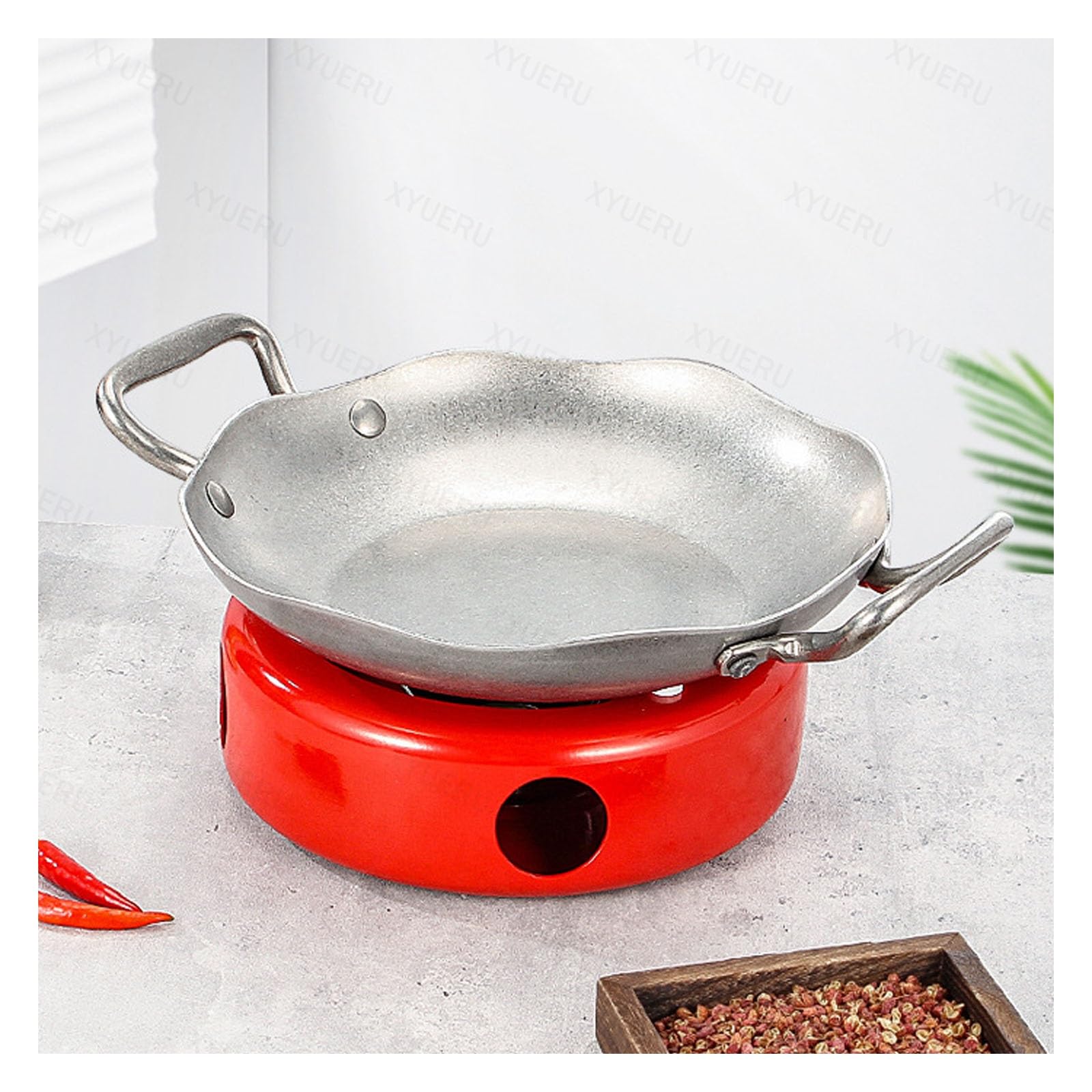 Paellera de acero inoxidable con doble oreja, olla versátil para inducción, mariscos y pasta, ideal para uso doméstico y restaurante