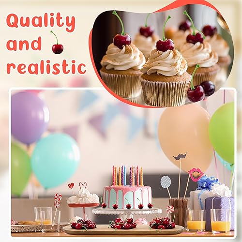 Miniatura 10 de Cerezas falsas, decoraciones de cereza artificial, cerezas, frutas, cerezas, fruta, cereza, modelo de fruta falsa para decoración de fiestas, hogar,