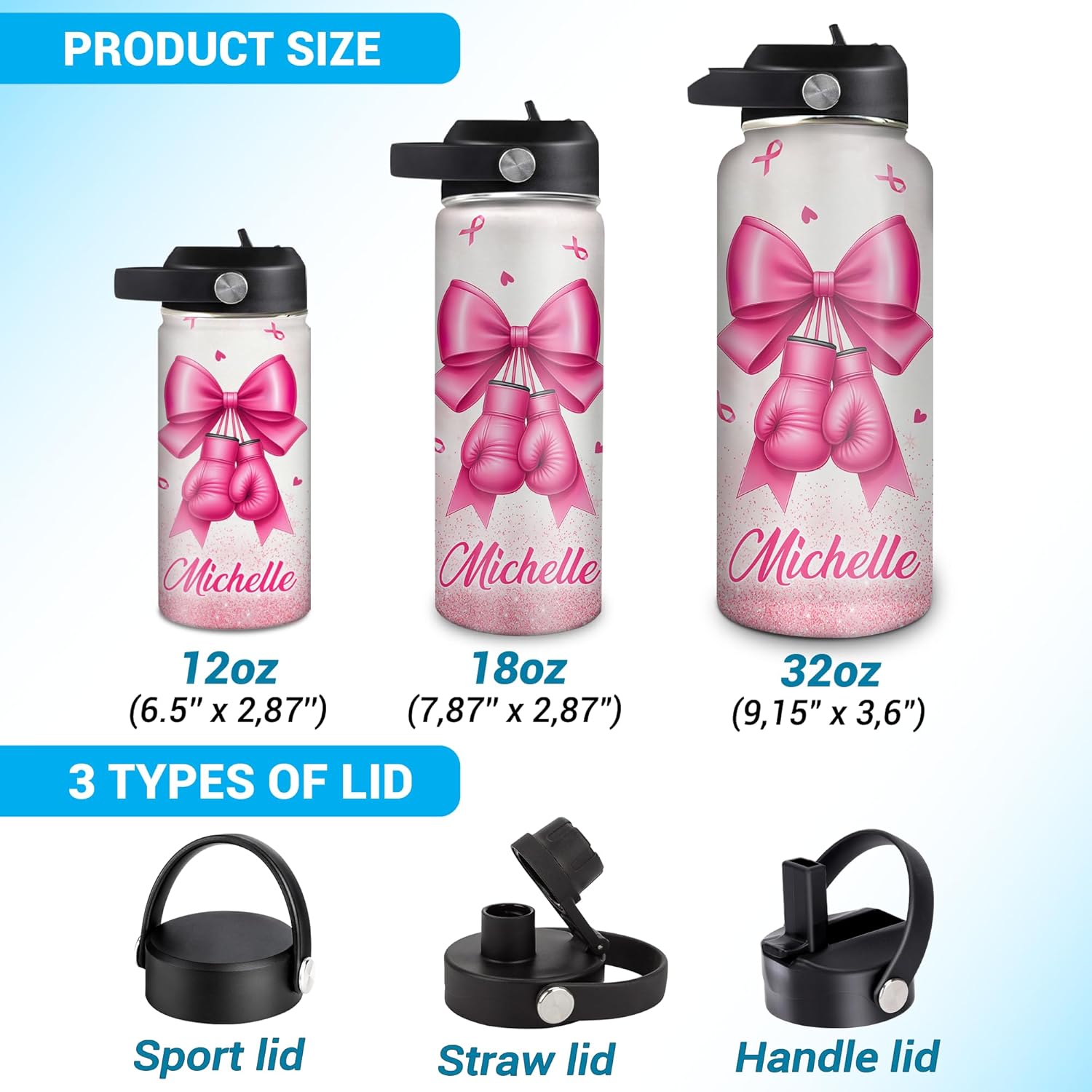 Hyturtle Personalized Breast Cancer Awareness Water Bottle – Custom Name Pink Ribbon Boxing Gloves Stainless Steel Insulated Bottle 18 oz 32 oz, Breast Cancer Survivor Encouragement Gifts for Women