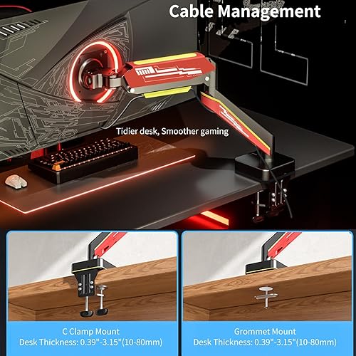 Miniatura 5 de Brazo de monitor resistente para pantalla ultraancha de hasta 49 pulgadas, 44 libras, soporte de escritorio con resorte de gas, totalmente ajustable