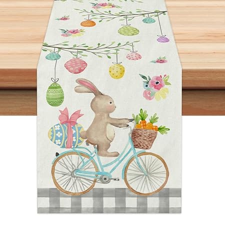 ARKENY Easter Egg Table Runner 72 Inches, Rabbit Bike Coffee Home Dining Indoor Seasonal Spring Holiday Farmhouse Tabletop Decor AT377