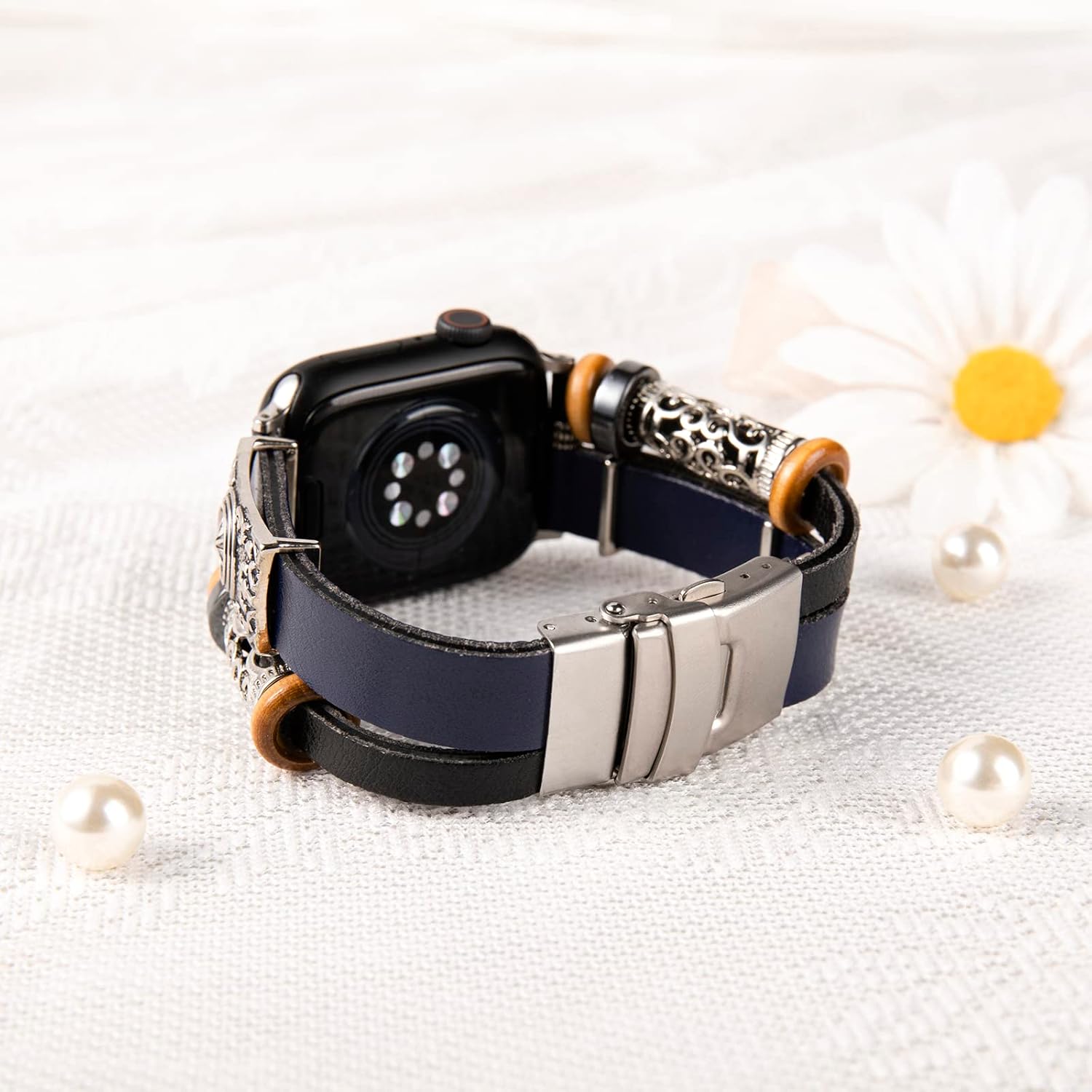 Miniatura 2 de BOVIPO Correa compatible con Apple Watch 1.73", 1.65", 1.58", 1.5" (44, 42, 40, 38 mm) de cuero hechas a mano correa de cuentas bohemias para mujer