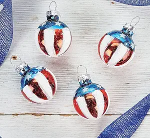 Lillian Vernon Americana Patriotic Glass Ornaments (Red, White, Blue), Set of 12 Blown-Glass Flag Ornaments