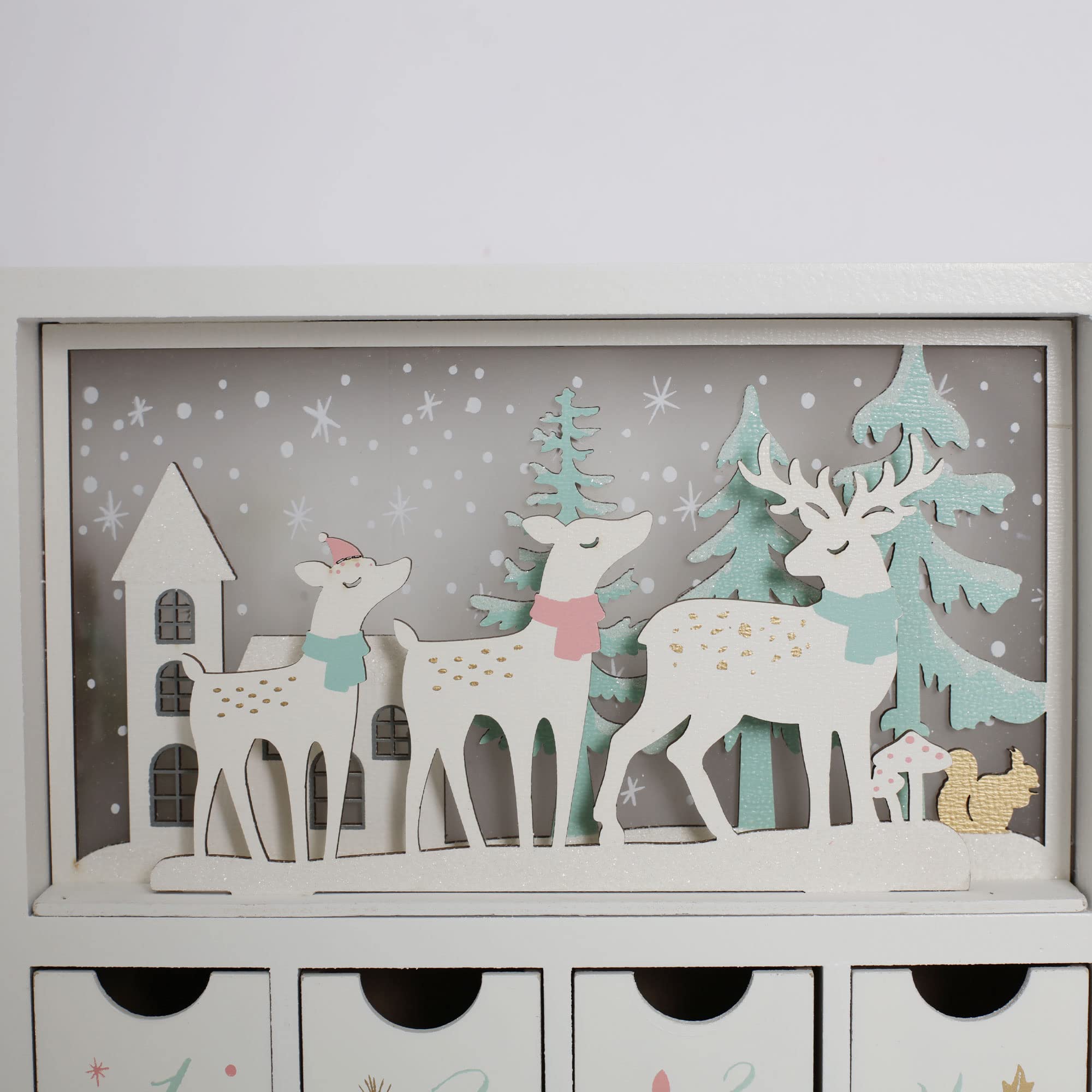 PE Calendario de Adviento de madera de Navidad con cajones, escena de invierno, calendarios rellenables con luz LED, decoración de cuenta regresiva para adultos y niños (blanco)