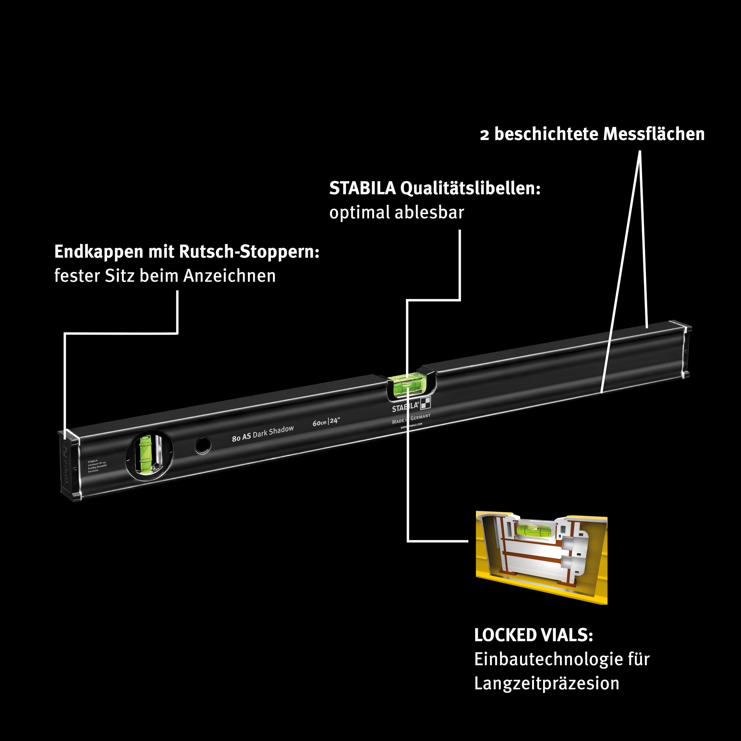 STABILA 80 AS Dark Shadow, 2-częściowy zestaw poziomicy: 60 cm / 100 cm, szlachetna powłoka matowa antracytowa, wzmocniony profil aluminiowy, zintegrowane stopery antypoślizgowe, Made in Germany