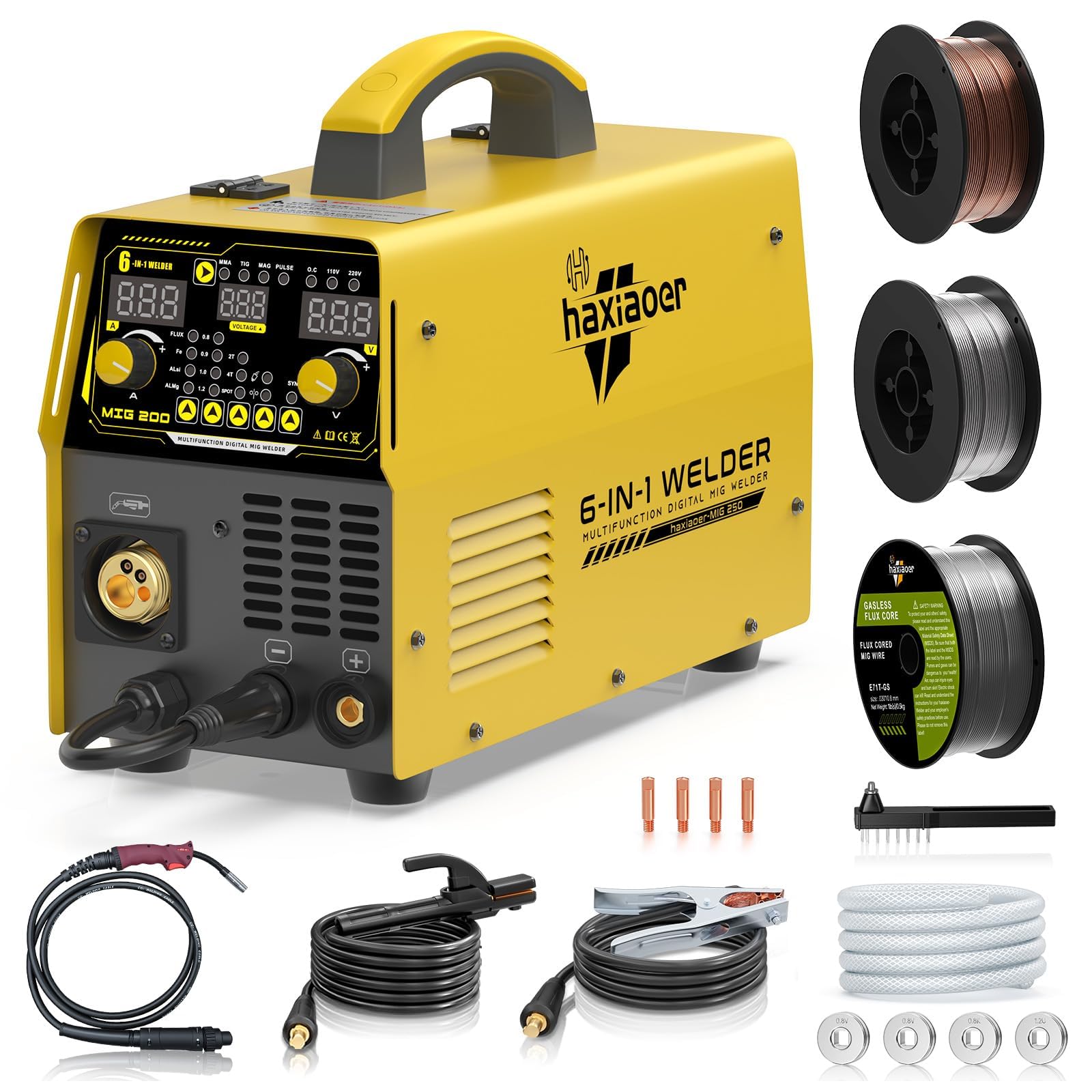Soldador MIG HAXIAOER 200A, 240 V, soldador multiproceso 6 en 1 con gas protector: soldadura con alambre fluxado/MAG/MIG con gas protector/MMA (soldadura manual)/soldadura TIG con elevación (MIG200)