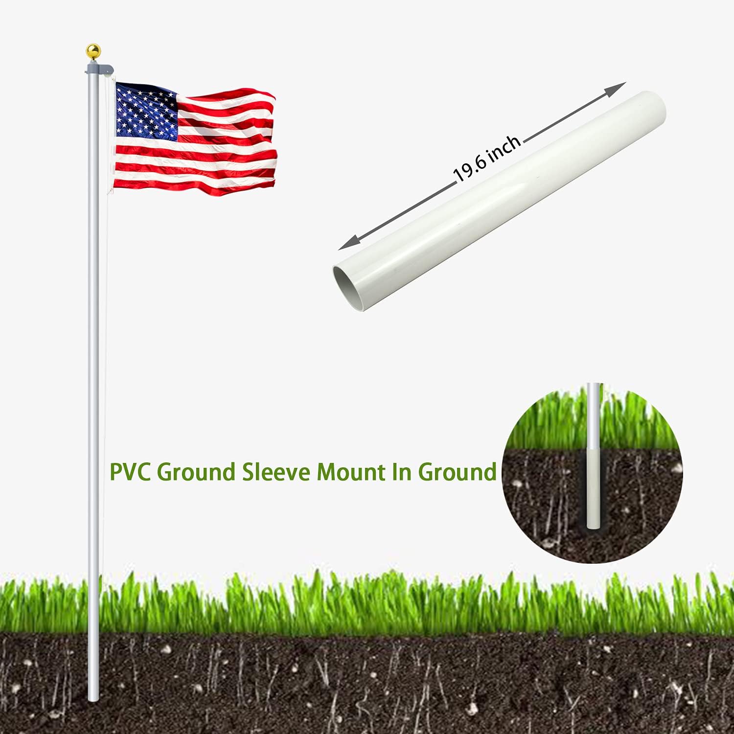 OUTNEE 20FT Sectional Flagpole Kit, Extra Heavy Duty Thick Aluminum Flagpole Fly 2 Flags, Flag Poles for Outside and Yard