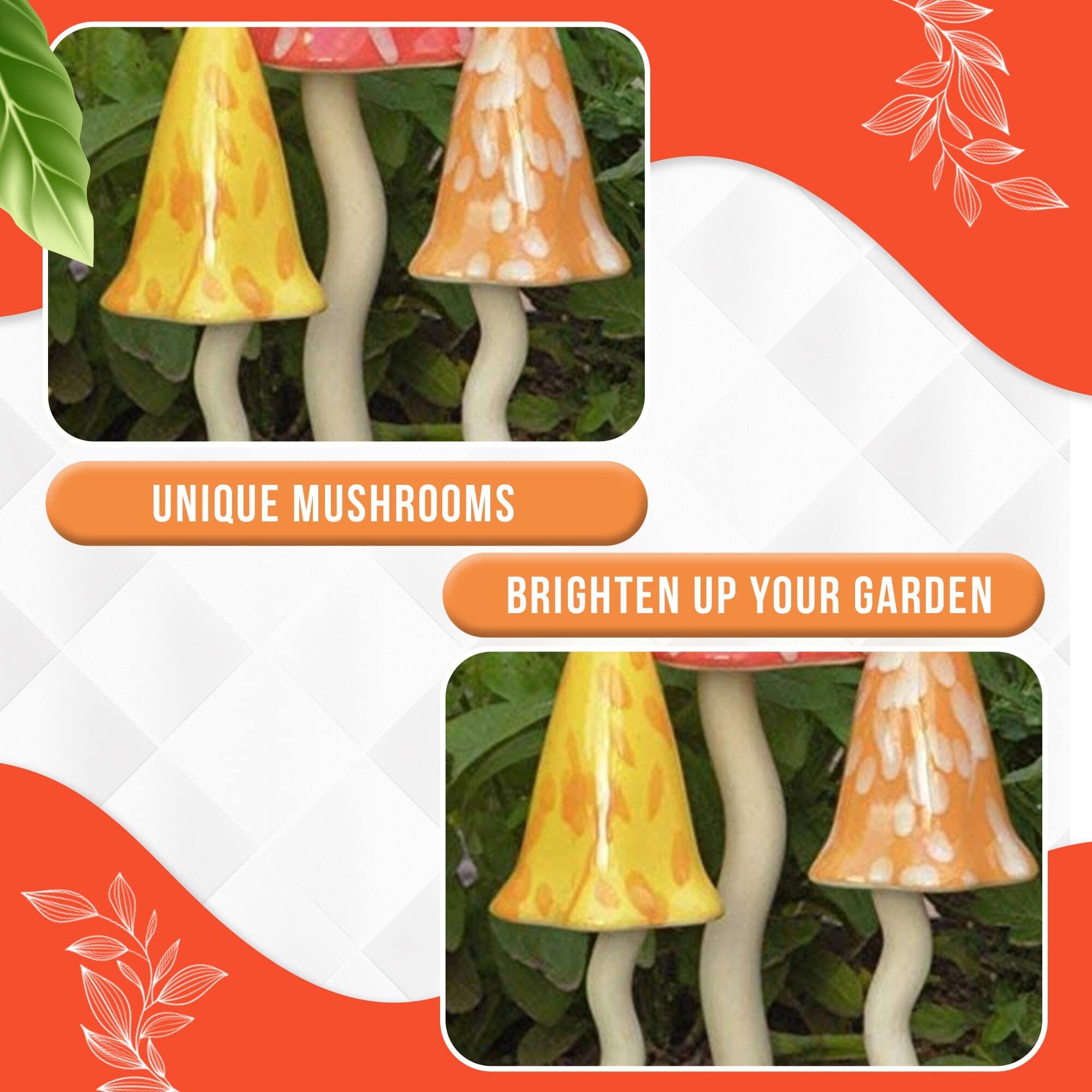 HH Home Hut Tinkling Ceramic Toadstools - Colourful Garden Ornaments, Mushrooms Plant Pot Set of 3 Outdoor Decor, Kids Gardening Set Fairy Garden Large Accessory (Yellow, Red, Orange)