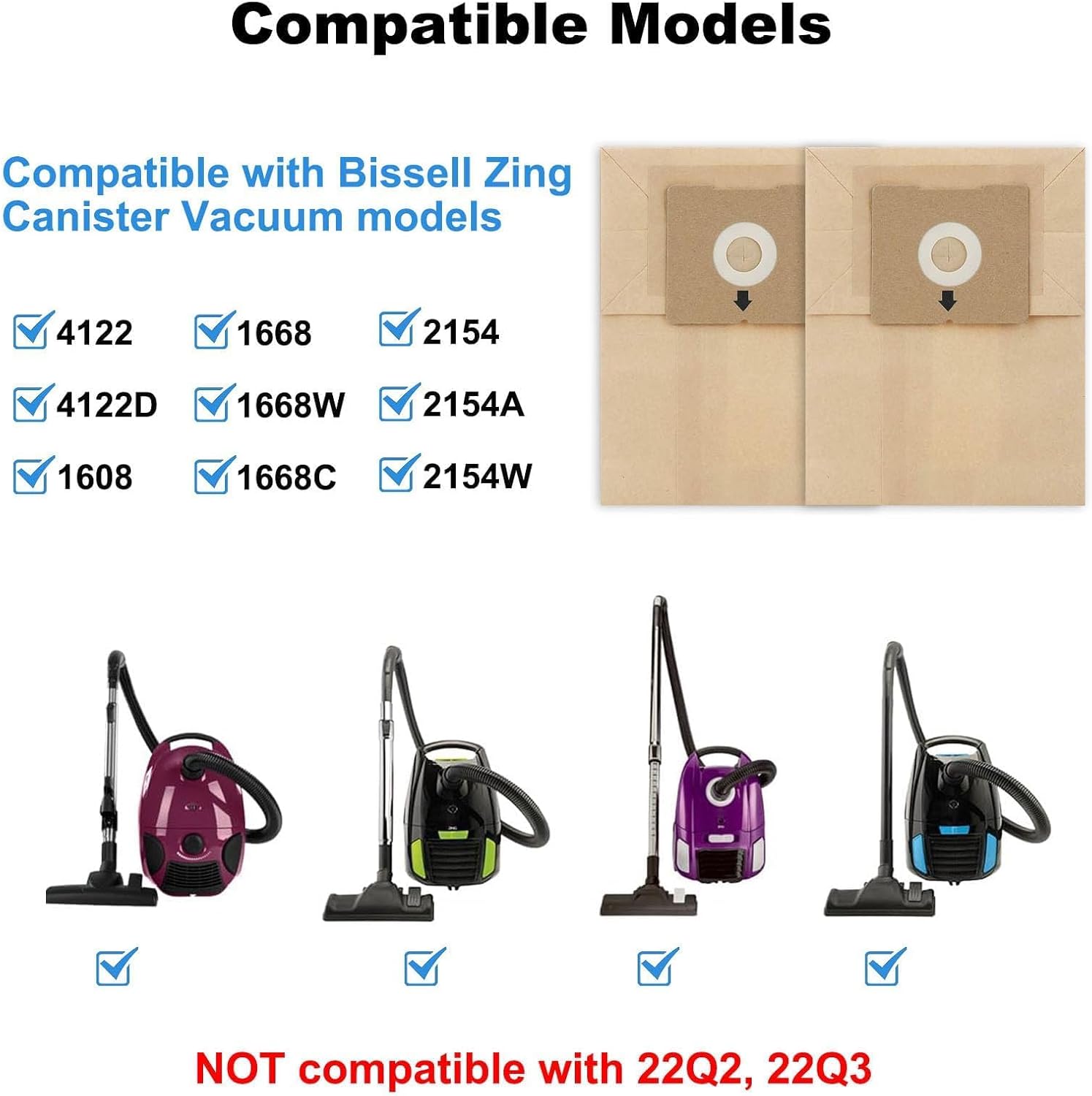 Alrens 22 Pack 4122 Vacuum Bags for Bissell Zing 4122, 4122D, 2154W, 2154A,2154C 2154, 1668, 1668C, 1668W, 1608, Canister Vacuum, Replace Part #2138425, 213-8425