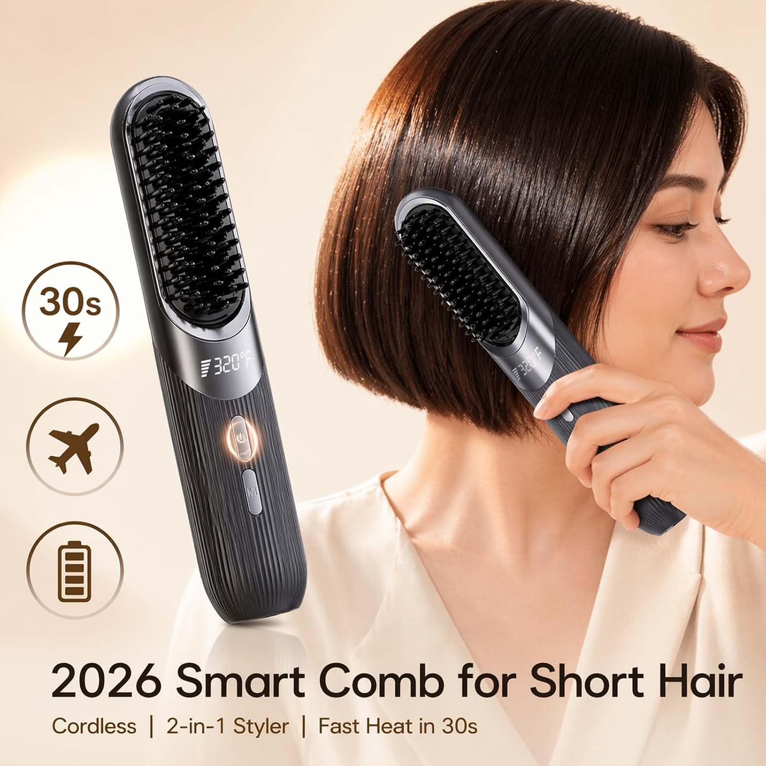 2026 Smart Comb for Short Hair,Cordless Hair Styling Brush,2-in-1 Smart Styler Fast Heat 30 Seconds USB Rechargeable,Portable Dual Power LCD Display for Travel (White)