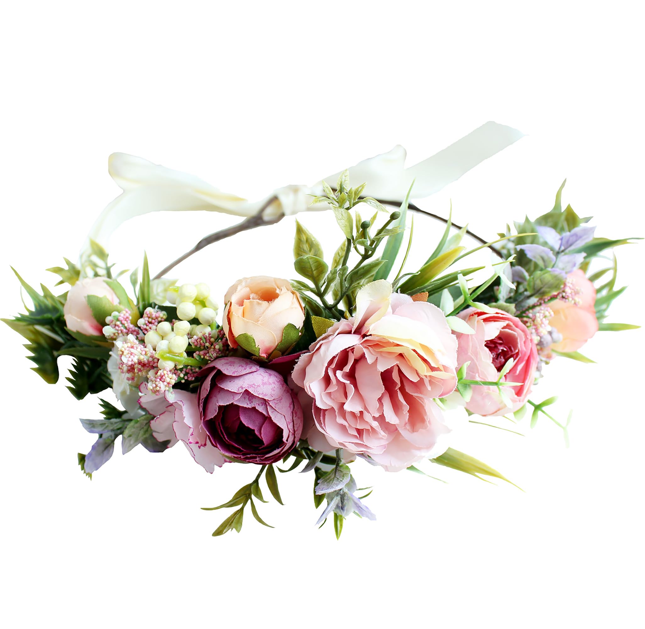 BrikuinrFlower Crown Floral Wreath Headband Hair Wreath Flower Halo Floral Headpiece Boho with Ribbon Wedding Party Festival