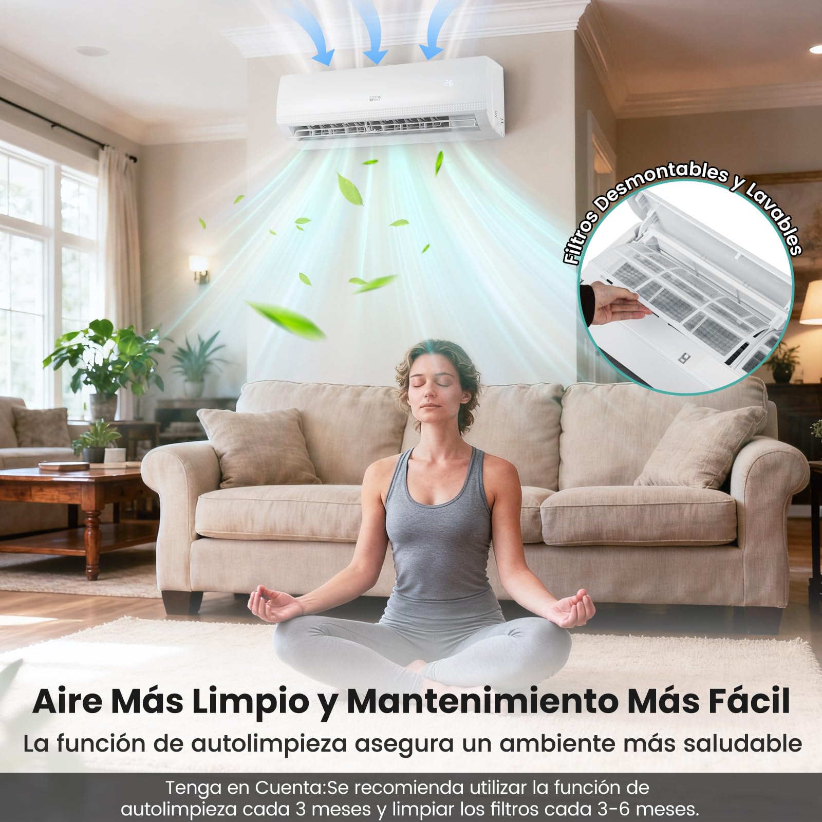 GOPLUS Aire Acondicionado Split Inverter12000 BTU 3,4 KW con Calefacción y Refrigeración, Clase A++/A+ R32, Aire Acondicionado Pared Silencioso 7 Modos, 8 Velocidades, Kit de Instalación(12000BTU)