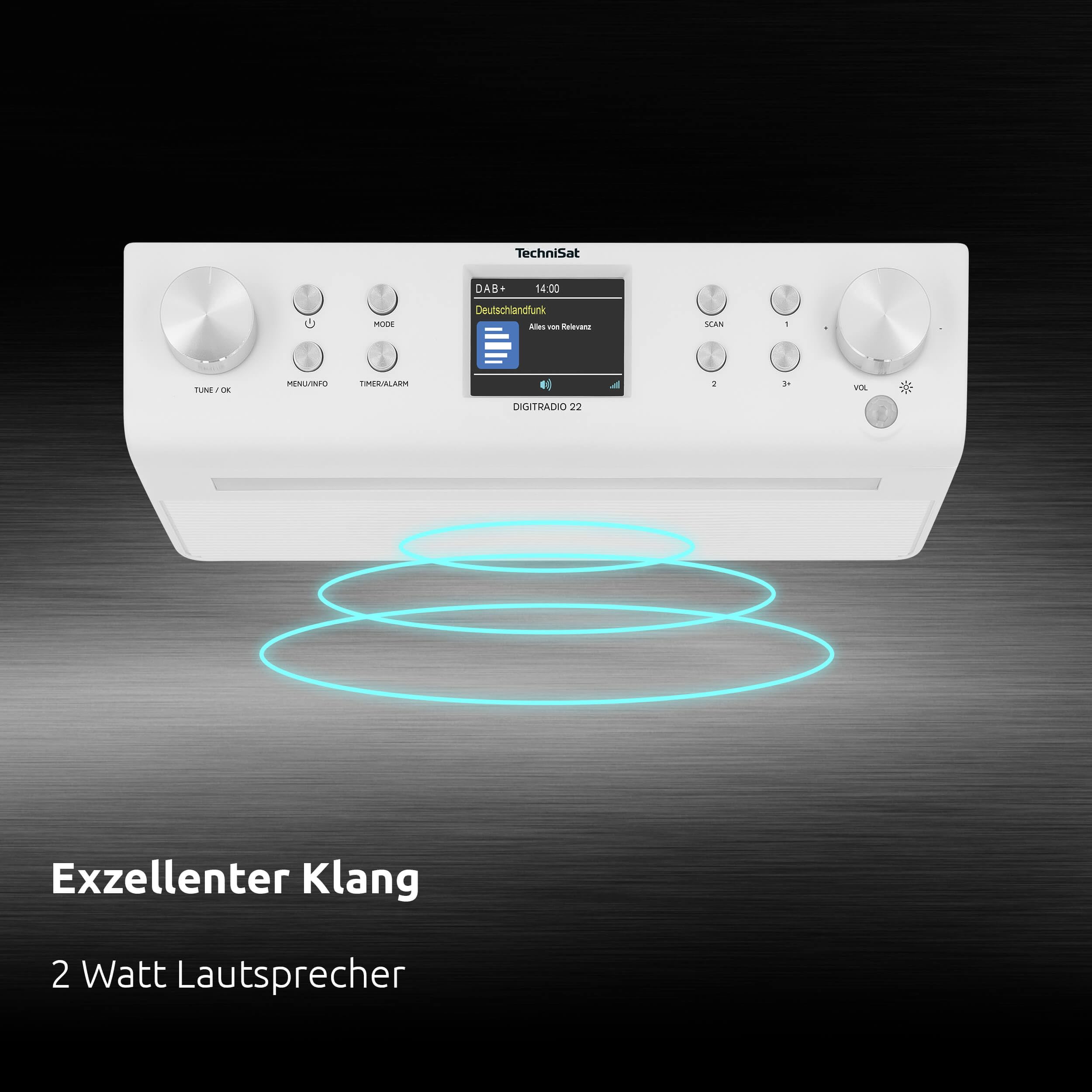 TechniSat DIGITRADIO 22 - Küchenradio mit Bewegungssensor (Unterbauradio inkl. Montageplatte, DAB+, UKW, 2" Farbdisplay, LED-Licht, Favoritenspeicher, Wecker, 2 Watt) weiß