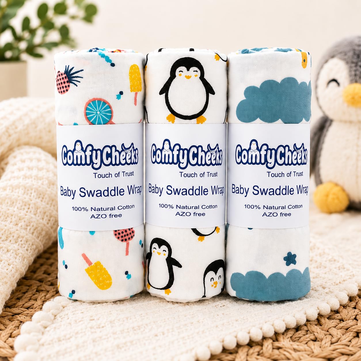 Comfy Cheeks 100% Cotton Muslin Baby Swaddle Set, Pack of 3, Size-115cm x 100cm Swaddlers for 0-18 Months Printed Mulmul Muslin Swaddle Wrap for Newborn Baby, Baby Towel-image-42