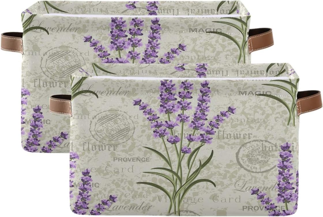 Vintage Postcard Floral Lavenders Canvas Fabric Storage Basket Collapsible Toys Storage Bin with PU Leather Handles Basket Box Organizer for Wardrobe Closet Shelves Organiser