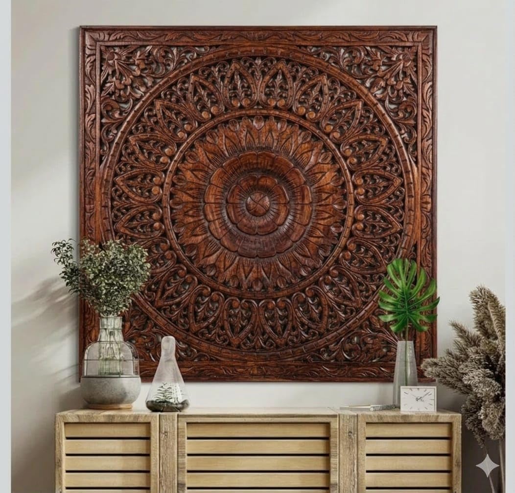ROYAL TRADERS Hand Carved Wooden Mandala Wall Panel | Vintage Floral Wall Art | Decorative Wooden Wall Hanging | Boho Home Decor Panel Large Wall Decor Panel, Wooden Carving Wall Hanging (DARK BROWN)-image-47