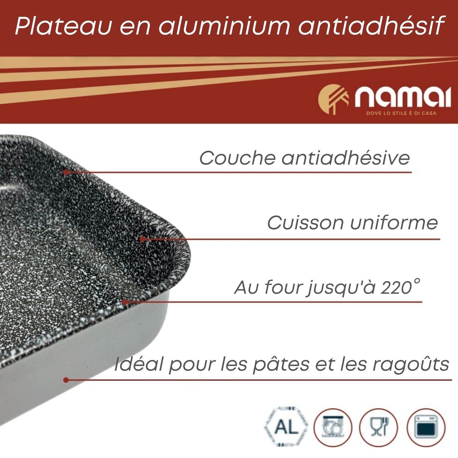 NAMAI -Plat Four Rectangulaire - Antiadhésif - Passe au Lave-Vaisselle - Aluminium - Plaques de cuisson - Design effet Pierre - (Set tris 35 cm 30 cm, 25 cm)