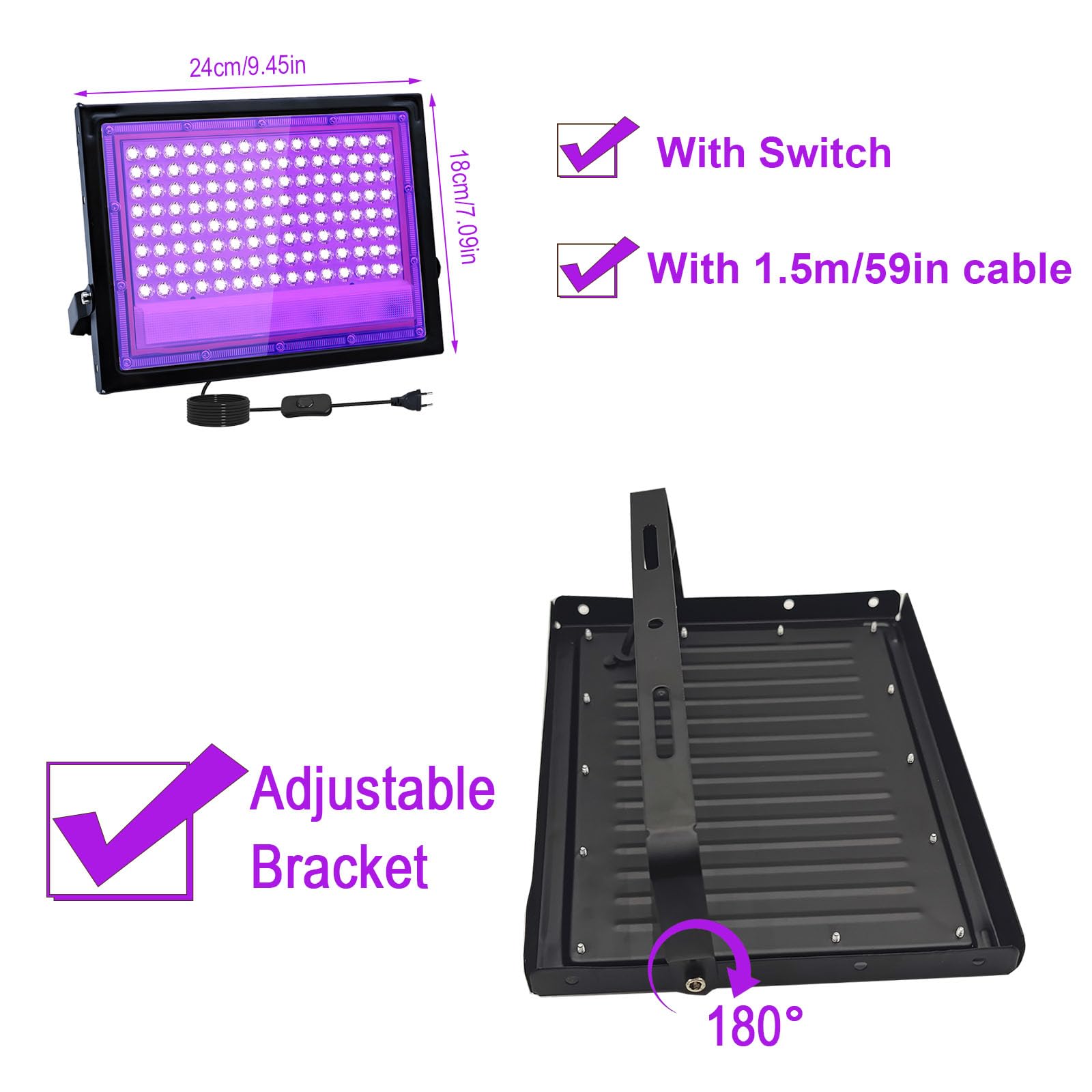 2 sztuki 100 W czarne światło LED, IP66, wodoodporna lampa UV UV, czarne światło ultrafioletowe z przełącznikiem na Halloween, dyskotekę, malowanie ciała, neon, DJ, czarne światło imprezowe