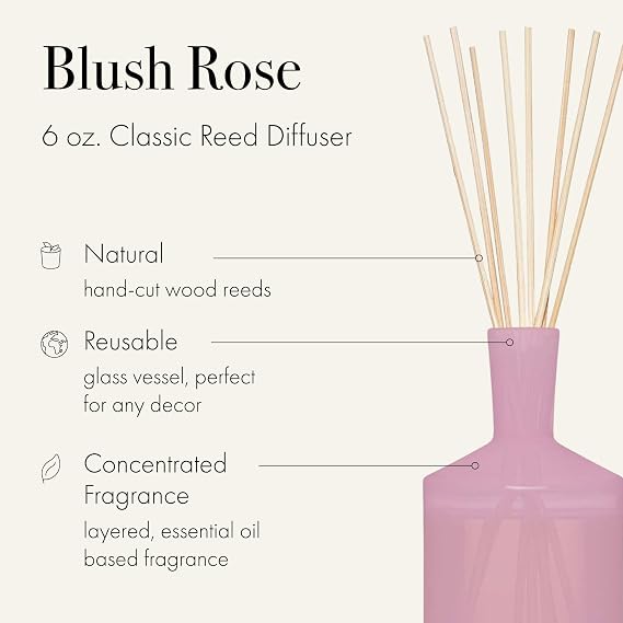 LAFCO New York Classic Reed Diffuser, Blush Rose - 6 oz - Up to 3 Months Fragrance Life - Reusable Glass Vessel - Natural Wood Reeds - Made in the USA
