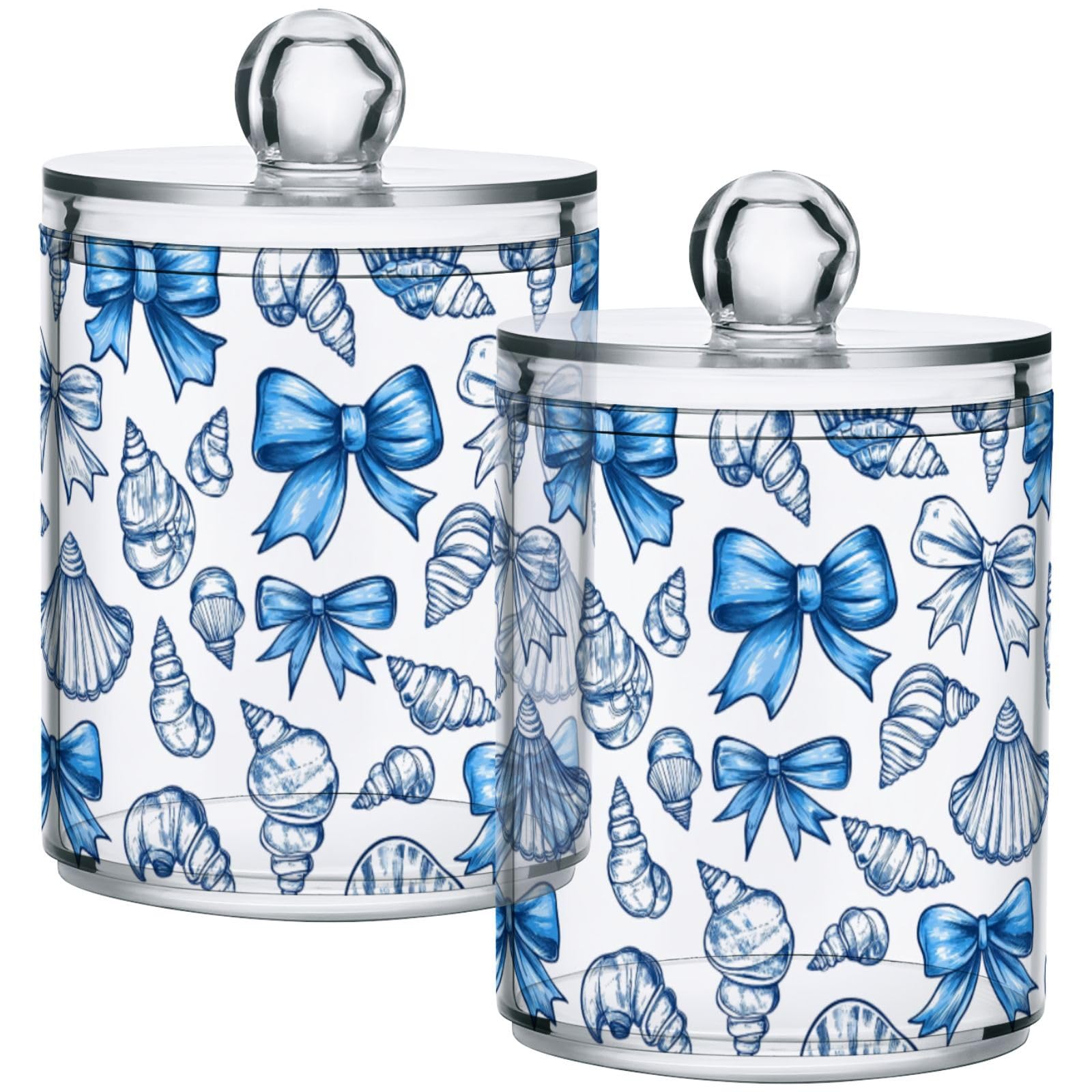 Gredecor 4 Pack Qtip Holder Clear Blue Seashells Bows Bubbles (3) Apothecary Jars with Lids Acrylic Bathroom Jars Vanity Countertop Canister Storage Organizer for Cotton Ball,Swabs,Pads,Floss