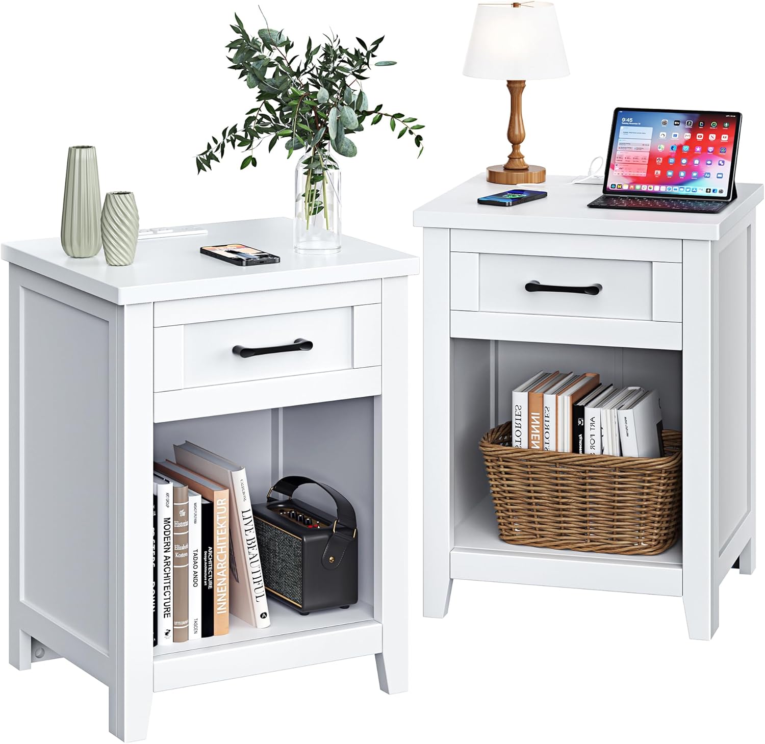 Decofy Farmhouse Nightstand Set of 2 with Charging Station, USB/Type-C Ports, Drawer & Shelf Storage - Modern White End Tables for Bedroom