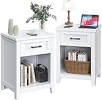 Decofy Farmhouse Nightstand Set of 2 with Charging Station, USB/Type-C Ports, Drawer & Shelf Storage - Modern White End Tables for Bedroom