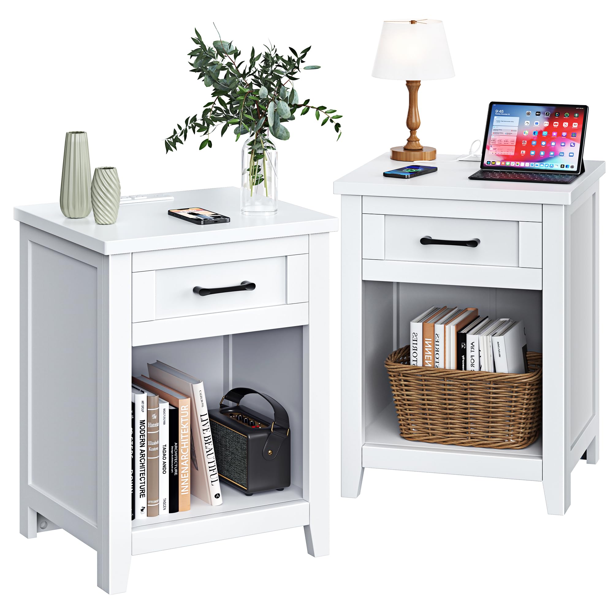 Decofy Farmhouse Nightstand with Charging Station & Large Storage, Set of 2 Modern End Tables with Outlets, USB Ports and Type-C Ports, Easy Assembly