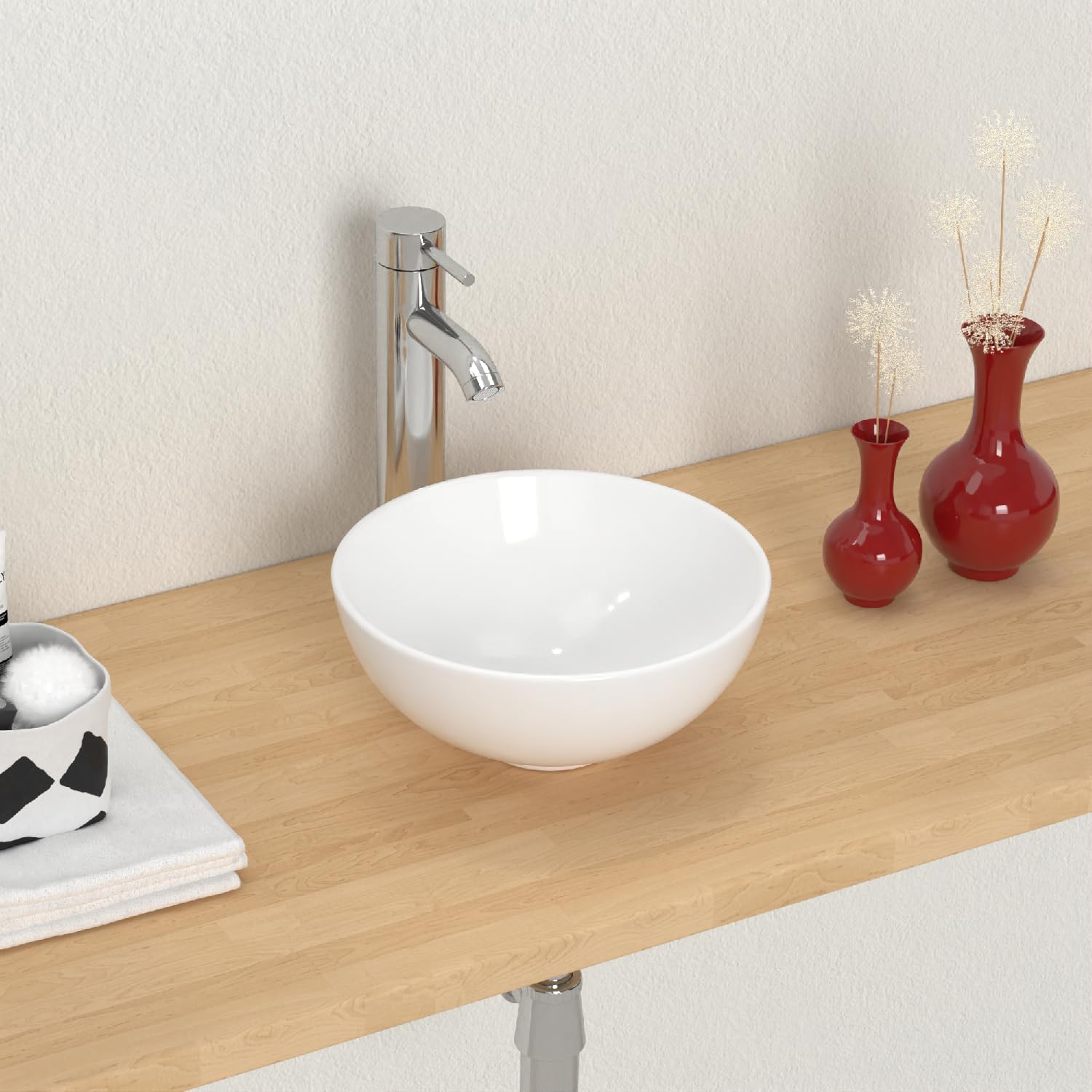 J-FAMILY Fregadero pequeño de 11 pulgadas para baño, lavabo redondo de cerámica blanca, lavabo pequeño
