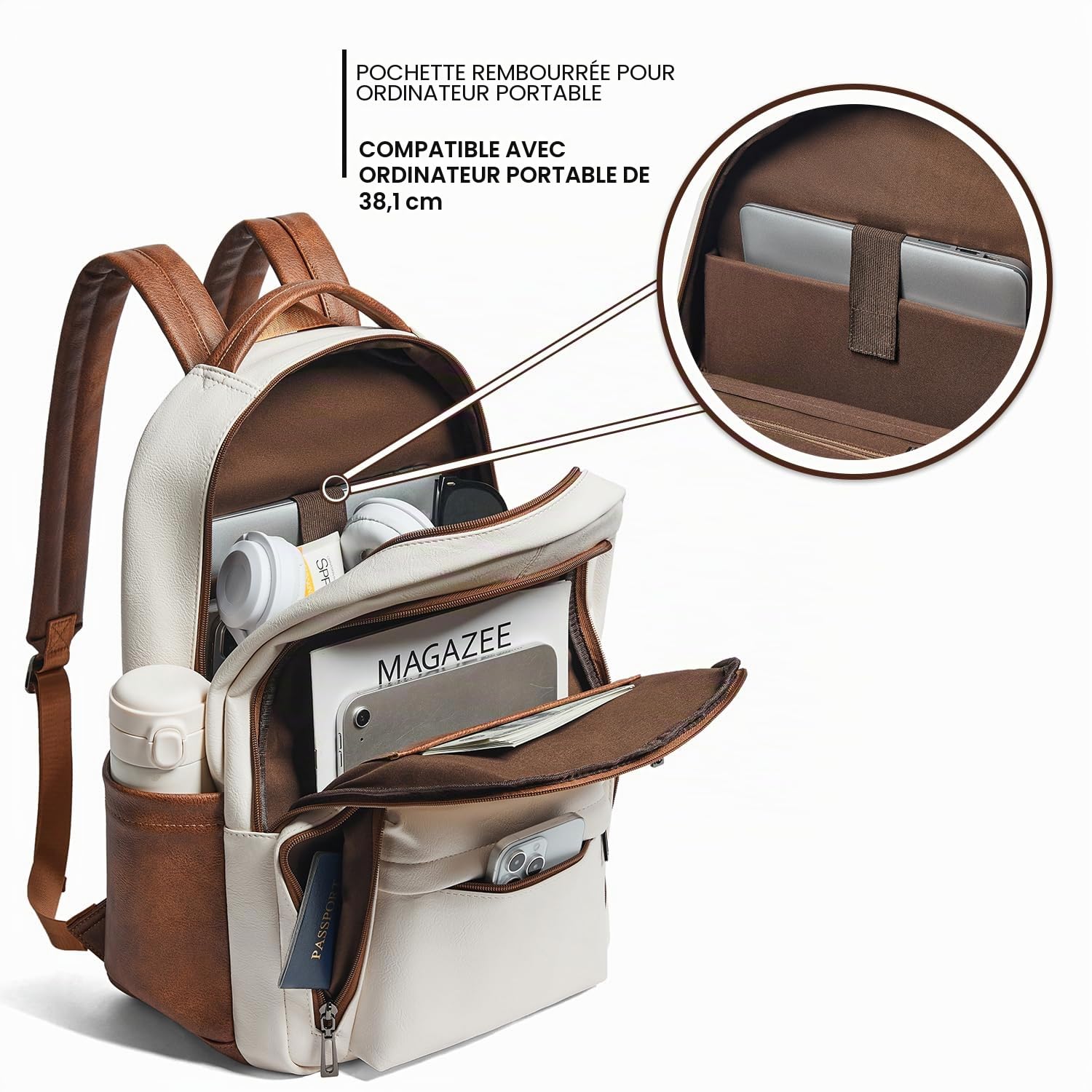 LATMAP Sac à dos de 30 l pour homme et femme - Sac à dos en cuir synthétique - Sac à dos de voyage pour enseignant - Pour ordinateur portable de 15,6"