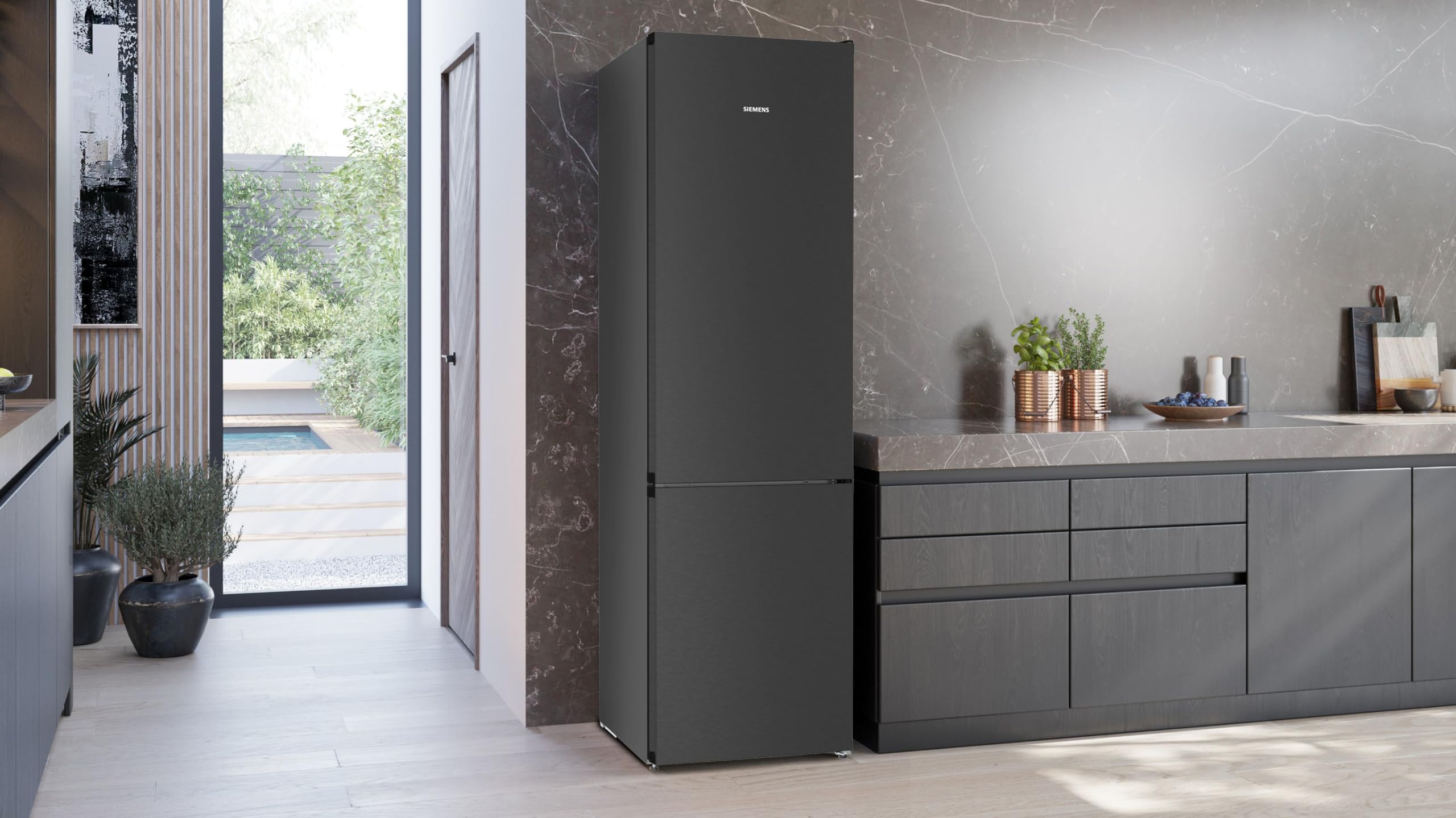 Siemens KG39N2XAF Stand-Kühl-Gefrier-Kombination iQ300, freistehende Kühlkombination mit Gefrierbereich unten 203x60 cm, 260L Kühlen, 103L Gefrieren, noFrost, hyperFresh, LED-Beleuchtung, BlackSteel