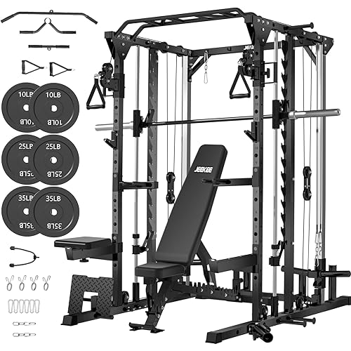JEEKEE Power Cage,2000lbs Multi-Function Squat Rack,Power Rack with Cable Crossover System and 20+ Attachments,Independent Dual Pulleys Squat Rack for Home Gym