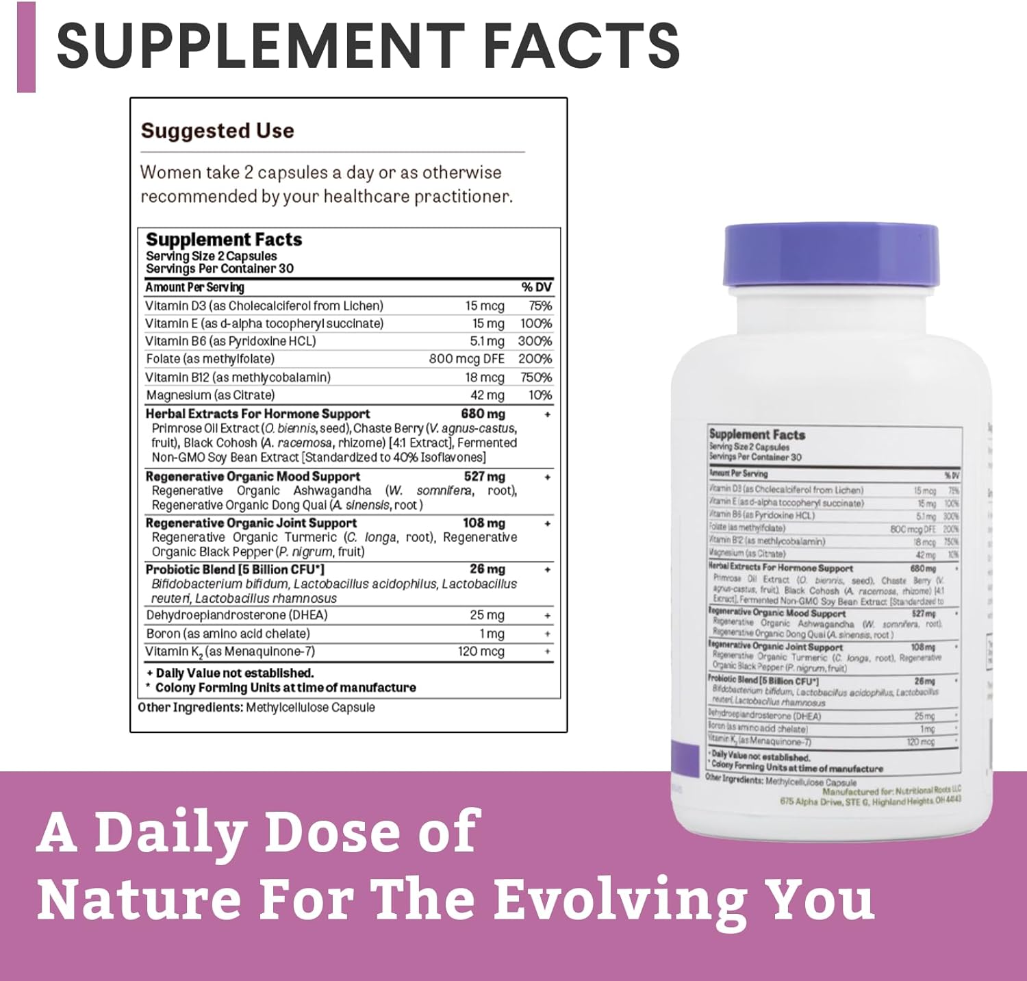 Nutritional Roots 5-in-1 Menopause Support Vitamins for Women, Fermented Vitamins, Minerals, Probiotics and Organic Herbs, Third Party Tested, Doctor's Choice, 30 Servings