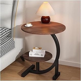 大理石 テーブル ソファ ベッドサイドテーブル C字型 2段 Nicffdi ミニ 円形 大理石の模様 引き出し2つ付き リビング/寝室/玄関用 北欧風 モダン 組立簡単 (クルミ色天板+黑フレーム)