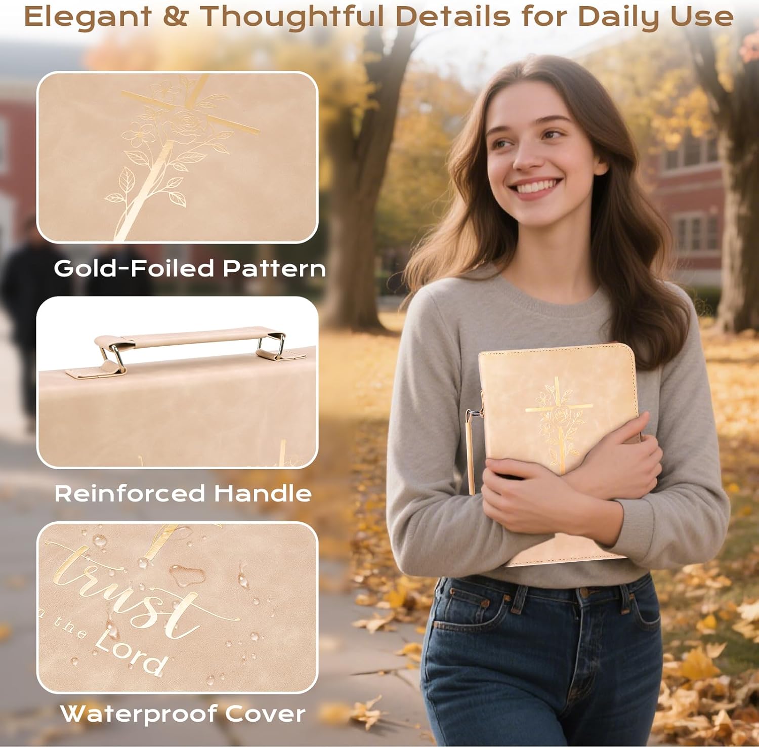 XKDOUS Bible Cover Case for Women, Leather Bible Bags with Study Supplies Journaling Kit, Gold Foiled Carrying Case Large Church Book Holder with Handle, Mothers Day Christian Gifts for Mom Lady