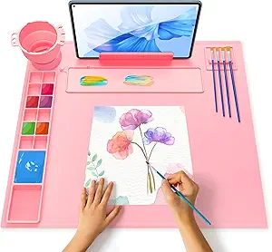 iArtker Silicone Painting Mat with Cup and Palette, 20"×16" Non-Slip Silicone Craft Art Mat with Stand and Lid for Painting, Resin, DIY, Pink