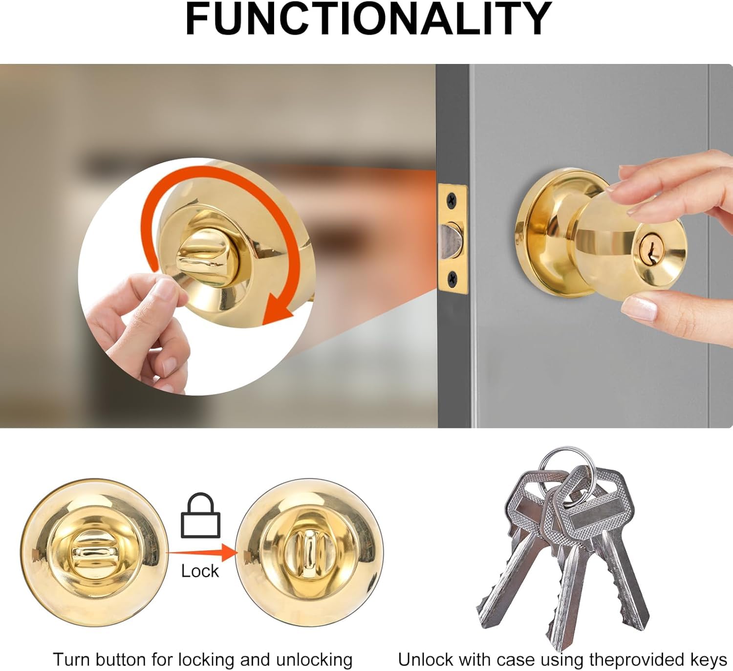 Gold Door Knobs with Lock & Key - 4 Pack -7